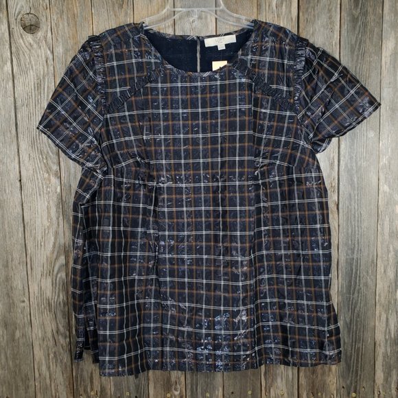 NEW Loft 18W Blue Shimmer Plaid Ruffle Peasant Top - Picture 3 of 6